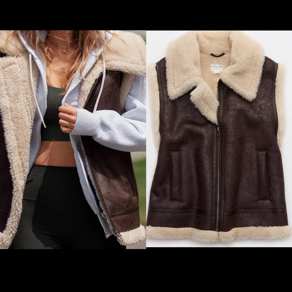 OFFLINE by AERIE Brown Faux Leather Shearling lined Oversized Vest size L NWT - Picture 2 of 8